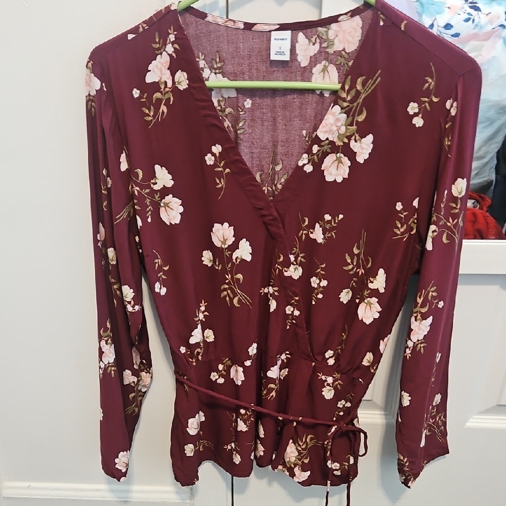 Old Navy Burgundy Floral Wrap Blouse